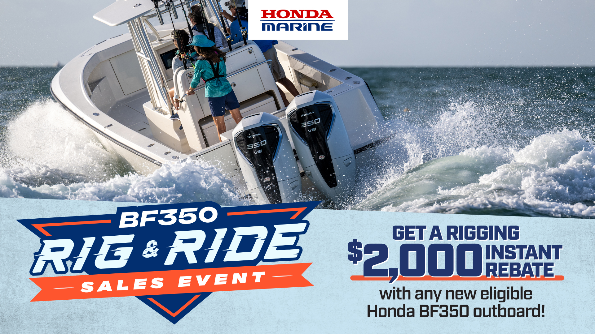Honda 350 on back of salt water boat with family in boat. Honda sales event rig and ride
